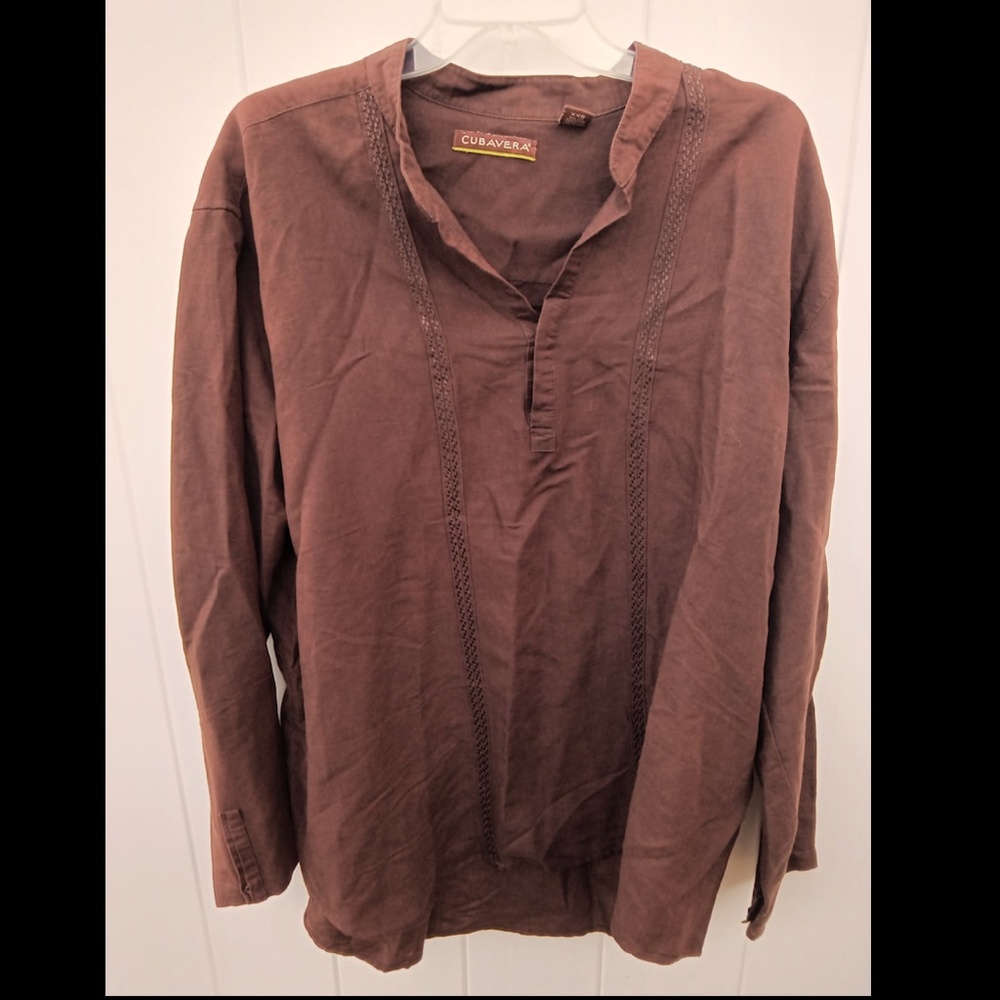 CUBAVERA XXL Brown Popover Cotton Embroidered Detail Long-Sleeve Shirt